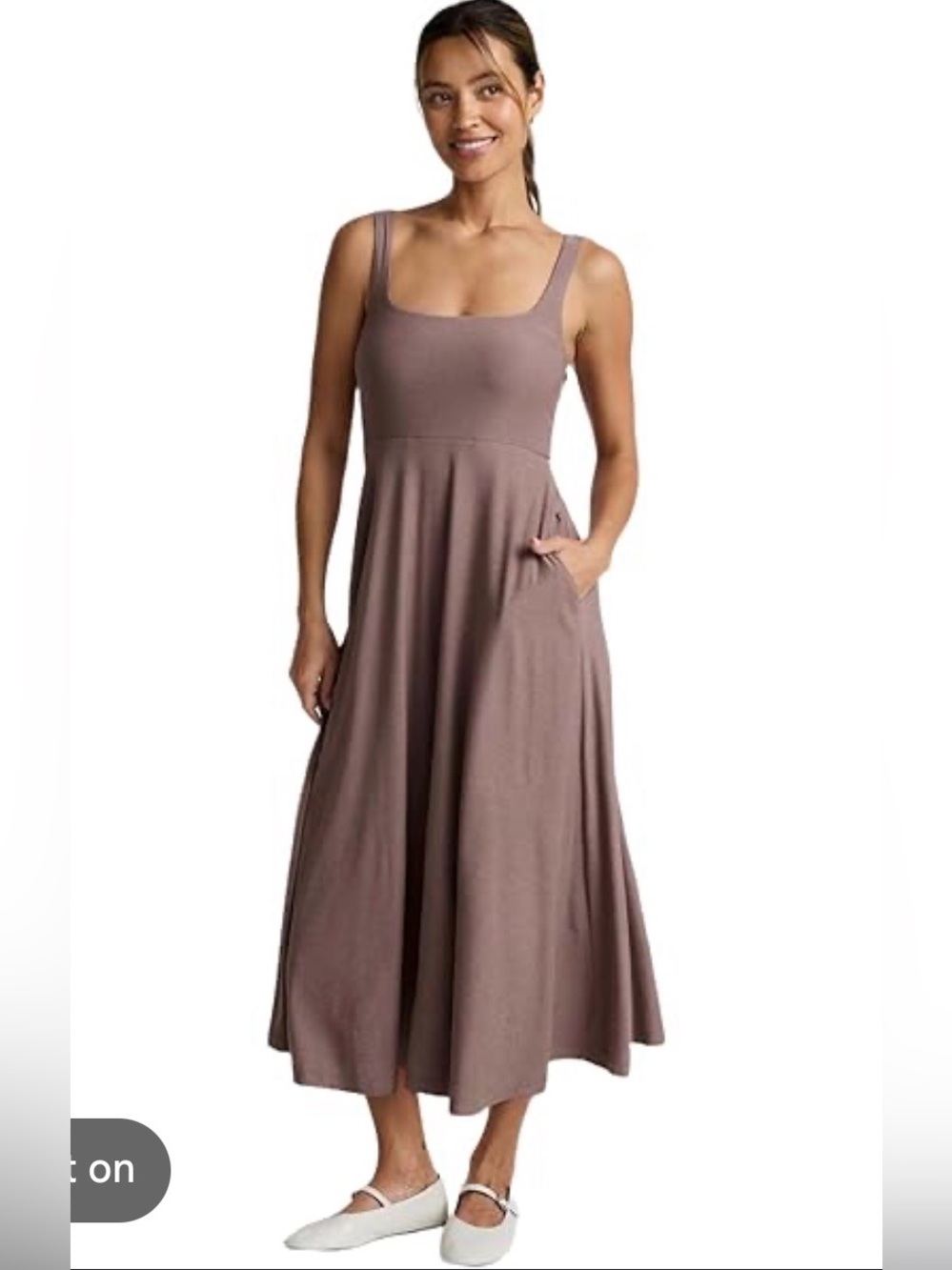 Beyond Yoga Taupe Square-Neck featherweight Midi Dress